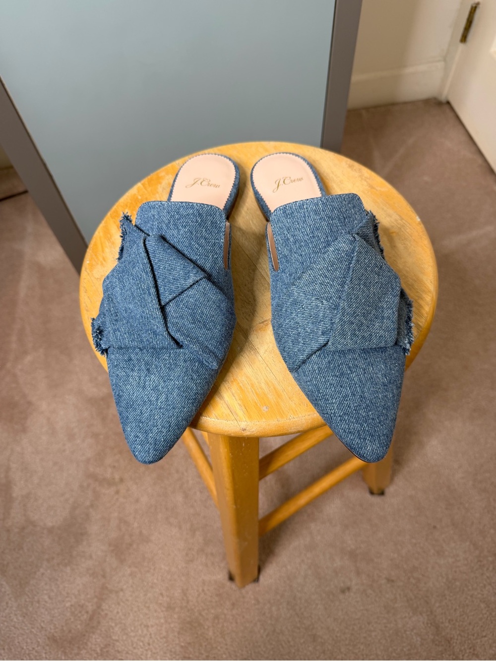 J. Crew Denim Knot Pointed-Toe Mules in Blue